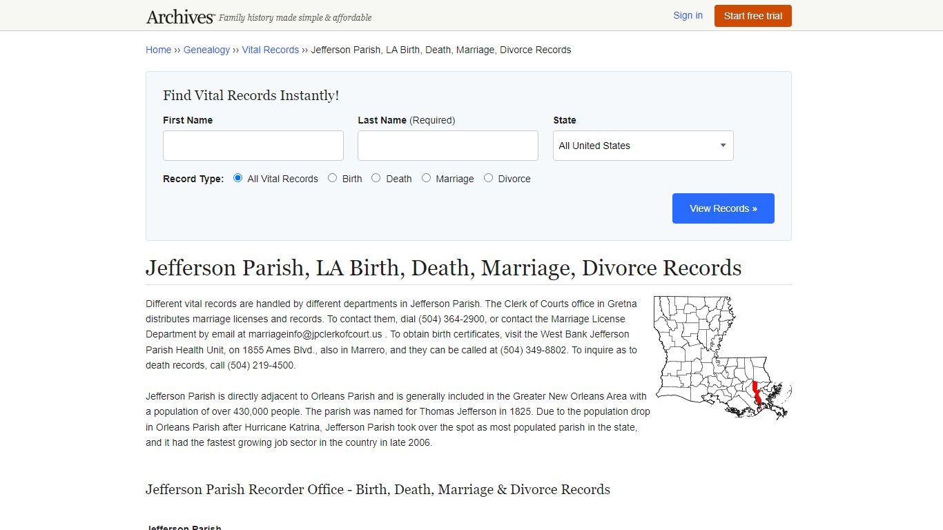 Jefferson Parish, LA Birth, Death, Marriage, Divorce Records